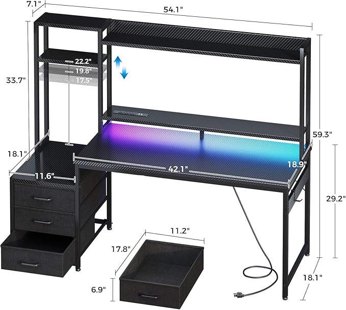 Casaottima 55 Inch Gaming Desk with Hutch & 3 Fabric Drawers, Computer Desk with USB Ports & LED Lights, Reversible Pc Gamer Table with Monitor Stand for Home Office, Carbon Fiber Black