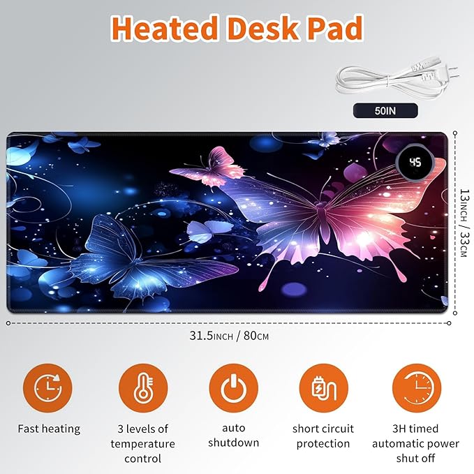 Heated Mouse Pad,Warm Desk Pad with 3 Levels Heating & 3 Hours Auto Shut-Off, PU Leather Heated Desk Pad Warmer Pad for Home Office - 31.5 x 13 inch,Shining Butterfly