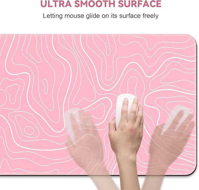 DIGSOM Gaming Mouse Pad 31.5 x 11.8in Large Mouse Pad with Anti-Slip Rubber Base（Pink with White Topographic Line）