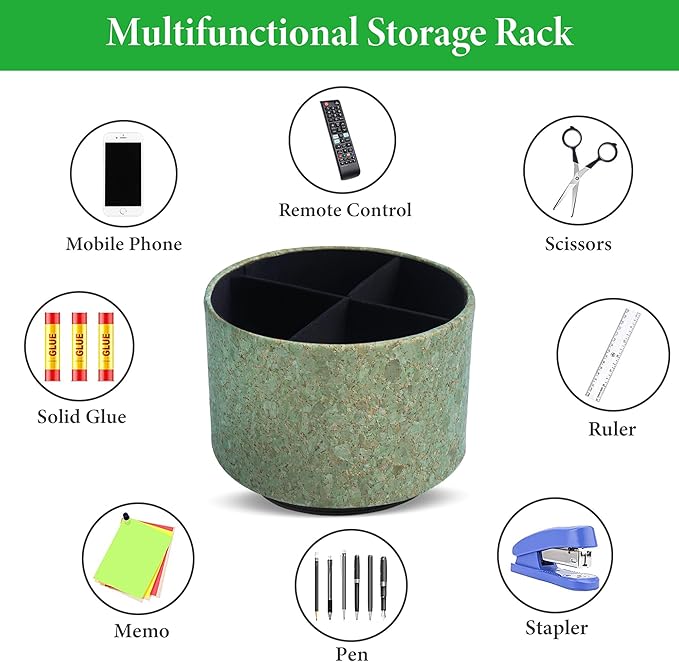 Round Leather Art Supply Organizer,Remote Control Holder,360 Degree Spinning,Multi-Functional Pencil Holder,4 Compartments Desktop Stationary Organizer(1-Soft Green)