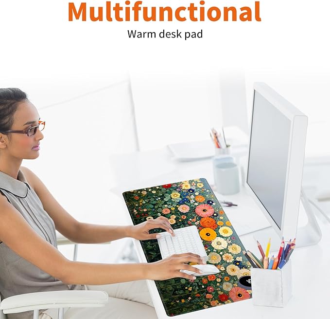 Heated Mouse Pad,Warm Desk Pad with 3 Levels Heating & 3 Hours Auto Shut-Off, PU Leather Heated Desk Pad Warmer Pad for Home Office - 23.6 x 14.2 inch,Wildflowers