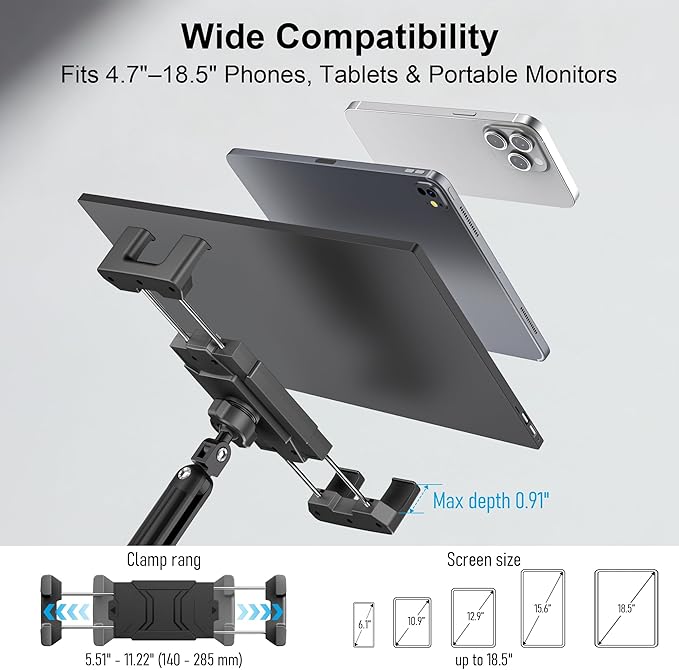 Portable Monitor Stand 15.6", Heavy Duty Tablet Arm Mount with Desk Clamp, Sag-Free Adjustable iPad Holder for Bed, 360° Foldable Arm Fits 4.7"-18.5" iPad Pro/Air/Mini, 2.2lbs Capacity, Matte Black