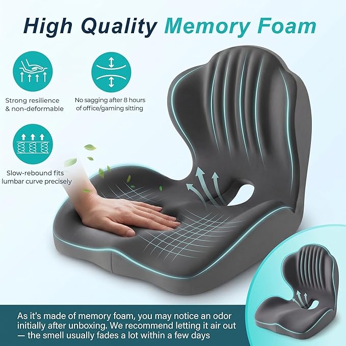 Ergonomic Office Chair Seat Cushion, L-Shaped Memory Foam Coccyx Cushion for Tailbone Pain Relief, Orthopedic Car Seat Cushion with Lumbar Support & Cutout Hollow for Sciatica & Back Pain (Grey