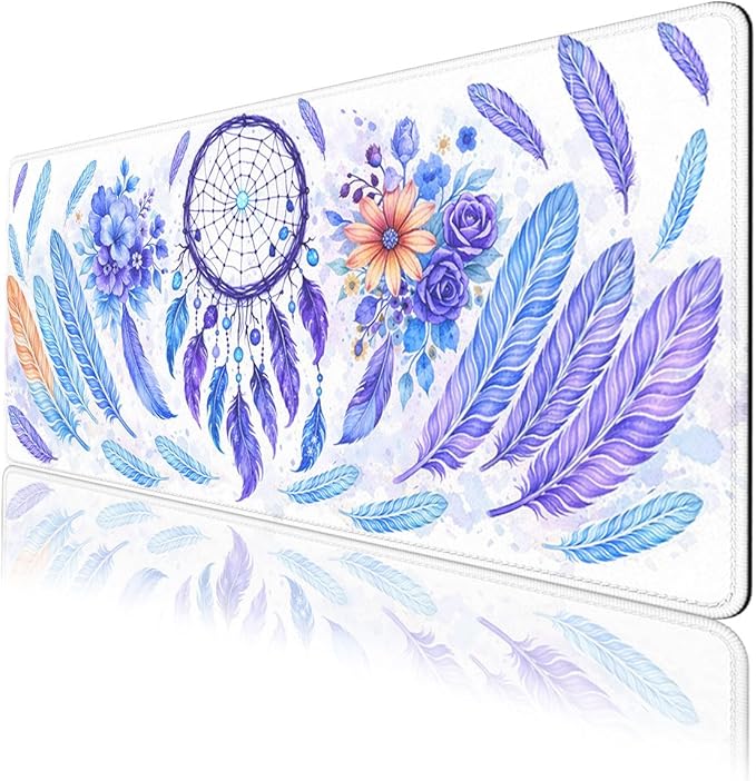 Boho Dreamcatcher Mouse Pad, Watercolor Purple Feather Floral Gaming Desk Mat Waterproof Stitched Edges Rubber Base Non-Slip Deskmap Computer Keyboard Mat, 31.5x11.8in Desk Home Office Gaming
