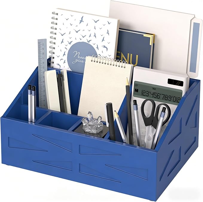 Wood Mail Organizer Countertop,Farmhouse Desk and Kitchen Countertop Storage, Letter Sorter, Desk Mail and Bill Organizer, Desktop File and Paper Holder (Blue)