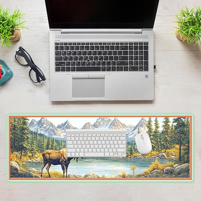 Moose Landscape Mouse Pad, Mountain Lake Gaming Desk Mat Waterproof Stitched Edges Rubber Base Non-Slip Deskmap Computer Keyboard Mat, 31.5x11.8in Desk Home Office Gaming