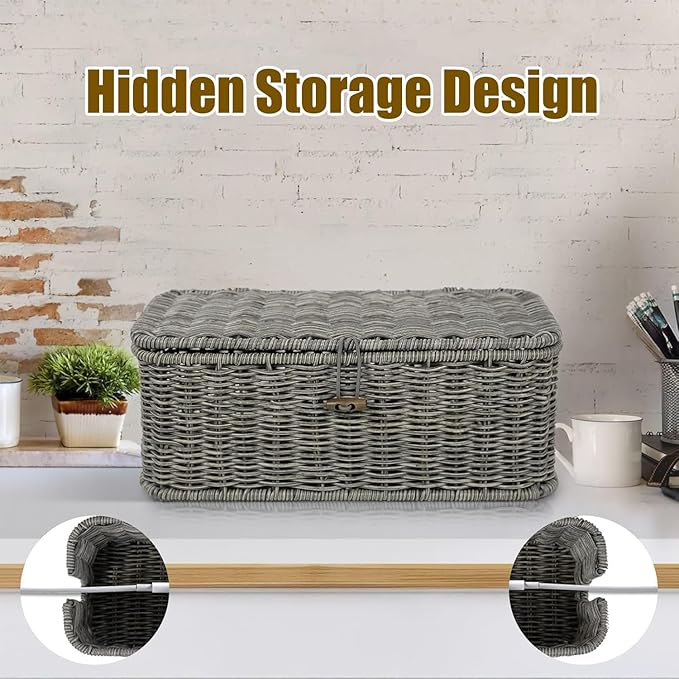 Handwoven Rattan Cable Management Box, Basket to Hide Cords, Container for Tv Wire, Computer, Router, USB Hub (Brown, L：15.7 * 6.2 * 5.9inch)