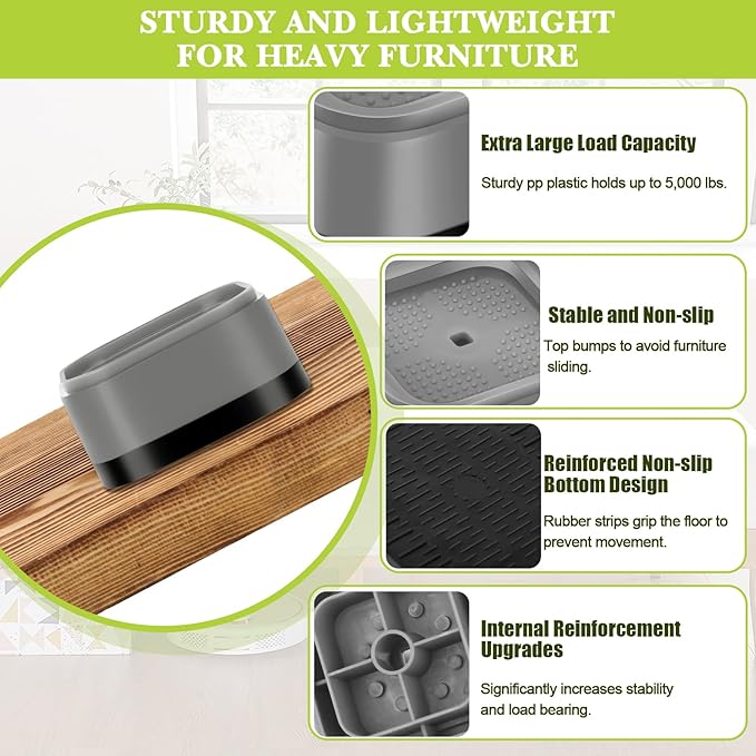 4 Pack Furniture Risers 2 Inch, Adjustable Bed Risers Heavy Duty for Table Desk Couch Chair Sofa Cabinet Bed Legs Dorm, Square Stackable Bed Raisers Blocks Lift Height 1", 2",3" or 4", Grey