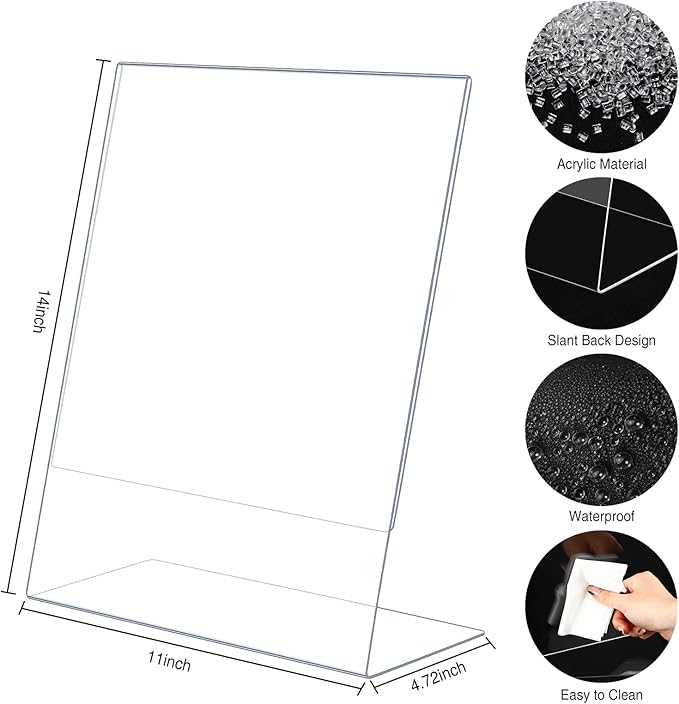 Sanwuta 2 Pack Acrylic Sign Holder,Slant Sign Display Stand,Transparent Flyer Holder Frame Plastic Document Display for Workers Teachers Office Home Menu Desktop (11 x 14 Inch)