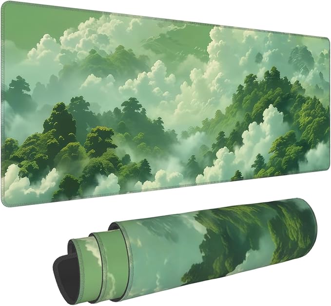 Green Forest Mouse Pad,Large Misty Mountain Nature Mousepad,Extended Gaming Gentle Aesthetic Office Desk Decor Mouse Mat with Non-Slip Base and Stitched Edge,31.5 x 12in