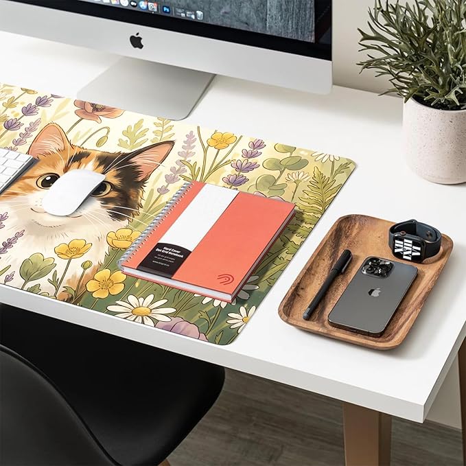 Cute Desk Mat, Kawaii Cat Floral Large Mouse Pad for Desktop, PU Leather Waterproof Desk Pad, Anti-Slip Computer PC Laptop Protector Gaming Mouse Pads for Office Home Decorations (31.5" x 15.7")