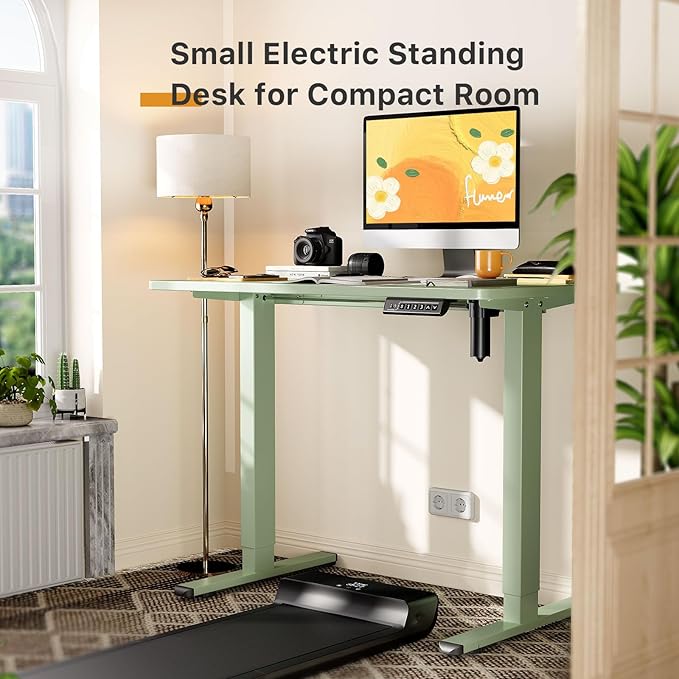 JOY worker Small Electric Standing Desk, 35" x 20" Whole Piece Height Adjustable Desk with Memory Controller, Green Sit to Stand Workstation for Home Office