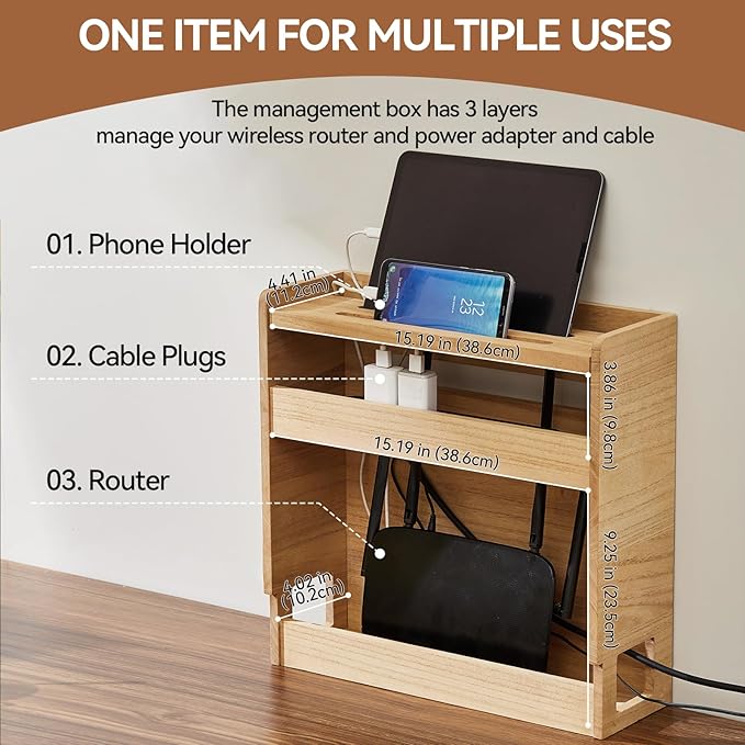 KIRIGEN WiFi Router Storage Box, Wooden Cable Management Box with 3-Tier Shelf, Modem and Power Strip Organizer for Desk, TV Stand, Home Office, Living Room, Natural LYQ-NA
