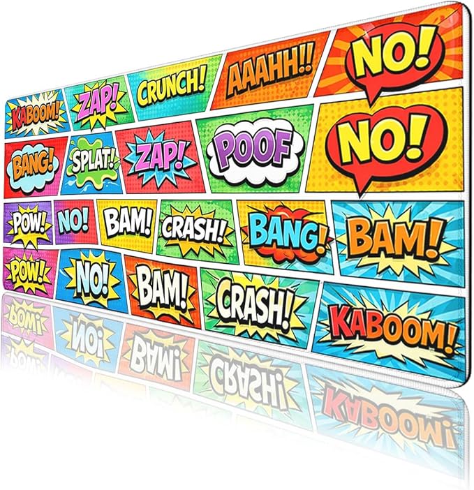 Pop Art Comic Mouse Pad, Kaboom Boom Cartoon Retro Gaming Desk Mat Extended Laptop Keyboard Non-Slip Rubber Base with Stitched Edges for Home, 31.5x11.8in Desk Home Office Gaming