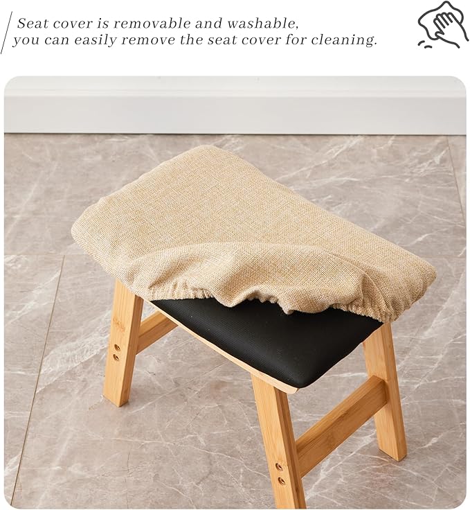 Kitsanery Foot Stool,Ottoman,Bamboo Small Sofa Foot Rest Under Desk,Extra Seating for Living Room, Bedroom and Kitchen (Natural Stool Legs - Beige Surface)