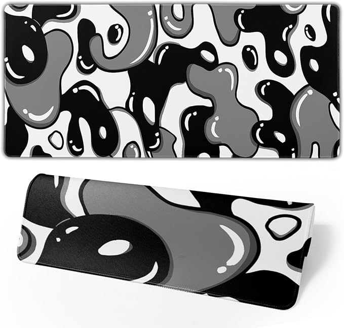 Black White Geometric Japanese Mouse Pad Desk Mat 35.4" x 15.7" Abstract Extended Large Gaming Mouse Pad Black and White Non-Slip Base Stitched Edge Long Computer Keyboard Mat for Home Office Work