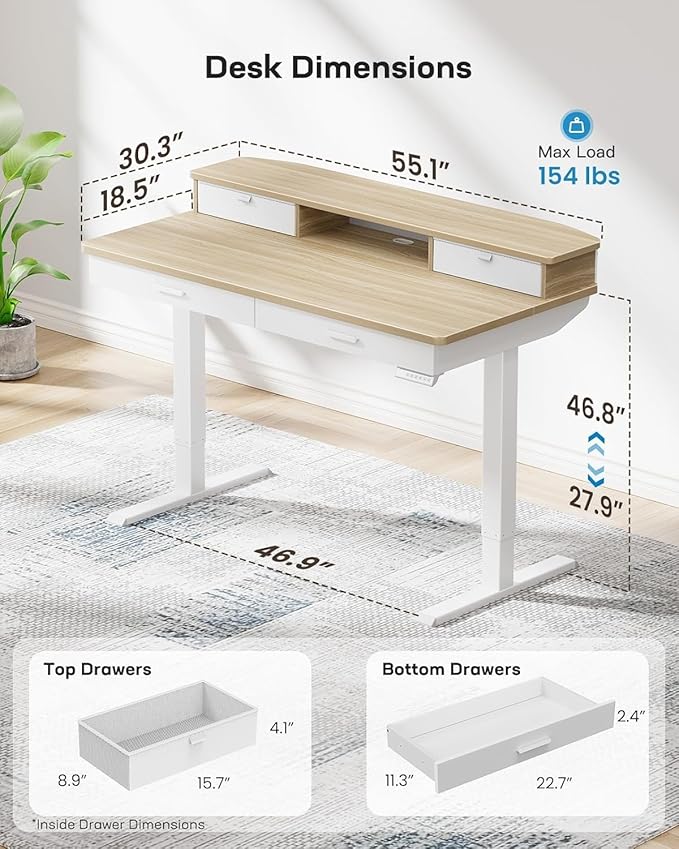 HUANUO 55 x 30 inch Standing Desk with Wood Drawers,Electric Stand up Home Office Desk Adjustable Height with Two Tiers, Natural Ergonomic Stand up Desk with Monitor Stand