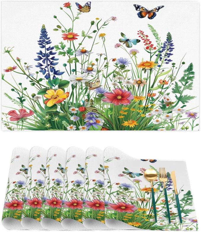 Placemats Set of 4 Heat-Resistant Rectangle Place Mats Grass Flower Floral Washable Plastic PVC Dining Table Mat Non-Slip Wipeable Woven Vinyl Placemat for Kitchen Patio Table Decor