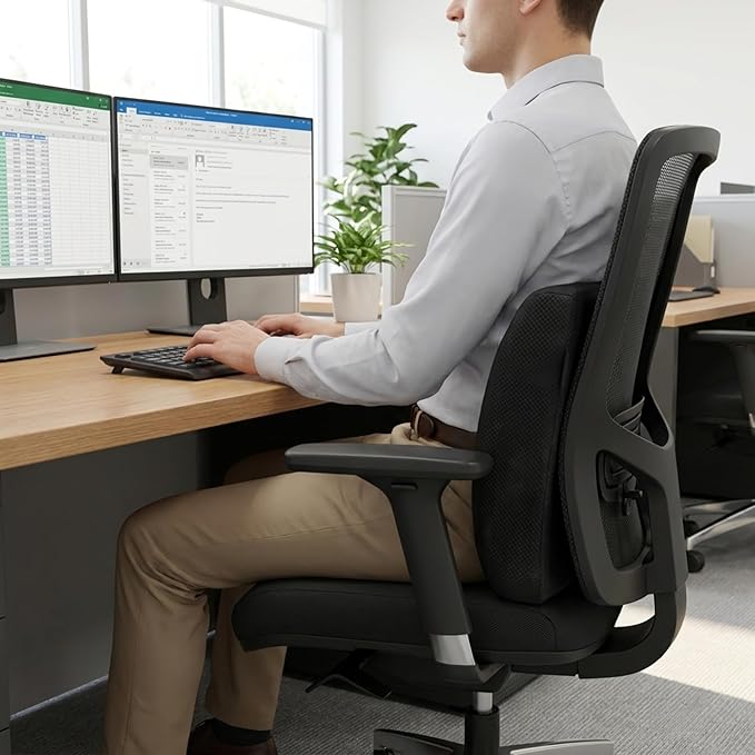 Lumbar Support Cushion for Office Chair & Car — Memory Foam Back Pillow for Lower Back Comfort | Ergonomic Lumbar Pillow for Posture Support | Adjustable Strap | Breathable Washable Cover