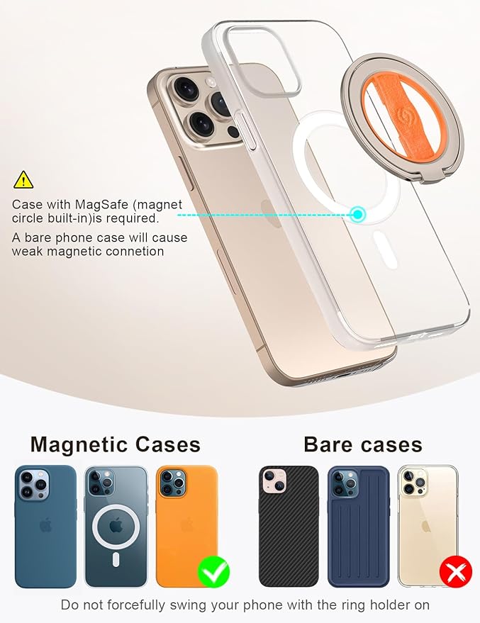 EWA MagOne 3rd Gen [Compatible with MagSafe] Phone Grip Stand with Finger Strap, Removable Magnetic Ring Holder Kickstand Loop for iPhone 17,16,15,14,13,12 Series-(Gold-Orange)