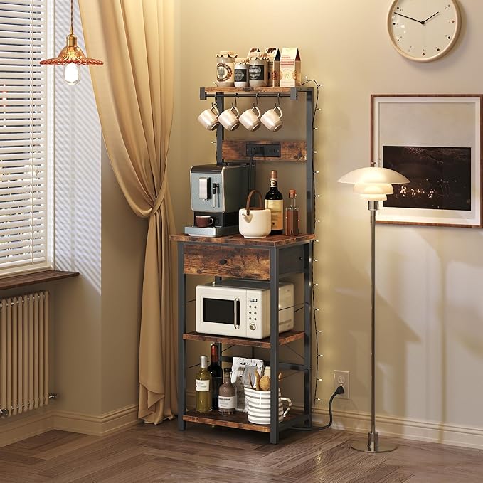 MAHANCRIS Bakers Rack with Drawer, Microwave Stand with Power Outlet, Coffee Bar Station with 4 Hooks, Kitchen Storage Shelf Rack 4 Tiers, for Kitchen, Dining Room, Rustic Brown and Black BRHR48E01
