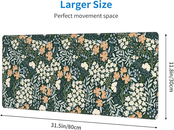 XL Vintage Garden Floral Large Gaming Mouse Pad, Long Extended Full Mouse Mat Desk Pad for Top Keyboard Table, Aesthetic Cute Big Stitched Mousepad Gifts for Women Office Decor, 31.5 * 11.8 in