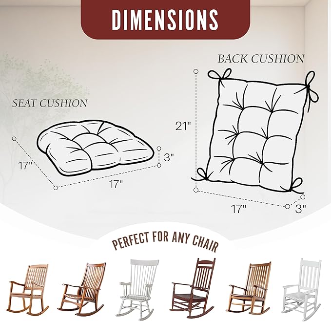 Klear Vu The Gripper Non-Slip Rocking Chair Cushion Set with Thick Padding, Includes Seat Pad & Back Pillow with Ties for Indoor Living Room Rocker, 17x17 Inches, 2 Piece Set, Garnet