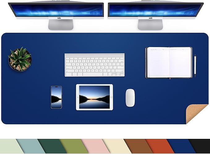 AFIING Cork Desk Mat 47" x 17", Dual-Sided Natural Cork & PU Leather Desk Pad, Non-Slip Waterproof Large Mouse Pad for Office, Home & Gaming (Sapphire Blue)