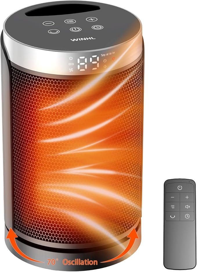 Space Heater, WINHL Small Portable Electric Heaters for Indoor Use with Thermostat and Remote, 70°Oscillation, 12H Timer, 5 Modes, 1500W PTC Ceramic Fast Safety Heat for Office Bedroom Home