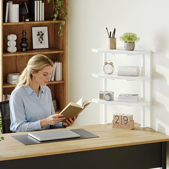 MAHANCRIS Clamp on Desk Corner Organizer, 3-Tier Desktop Shelf, Adjustable Desk Corner Storage Shelf with Metal Frame, for Office, Game Room,White DSWT5501