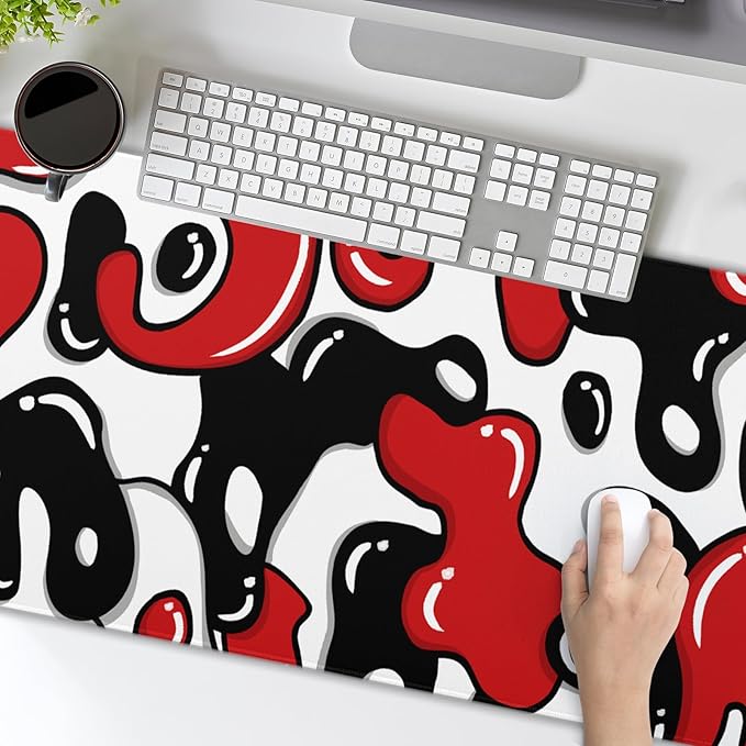Red Black White Mouse Pad XL 31.5”x11.8” Anime Cool Geometric Japanese Desk Mat Non-Slip Rubber Base Stitched Edge Extended Keyboard Mouse Mat Desk Pad Large Mousepad for Home Office Work Desktop