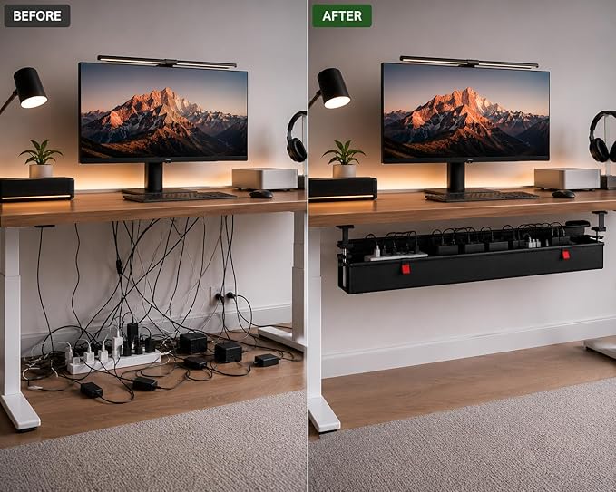 Extra Large 90CM Under Desk Cable Management Tray, No Drill Clamp Mount Cord Organizer, Fabric Cable Management Basket for Standing Desk, Office & Gaming Desk Wire Management