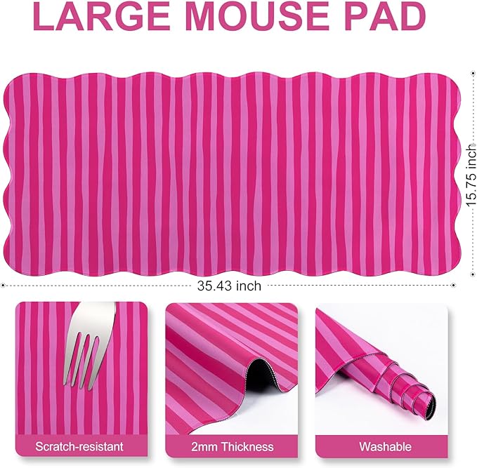 L-SPOUTTO Hot Pink Striped Mouse Pad,Scalloped Desk Mat XXL Large Geometric Gaming Mousepad,35.4x15.7in Non-Slip Rubber Base Keyboard Pad Waterproof Desktop Mat for Laptop Computer Game Home Office