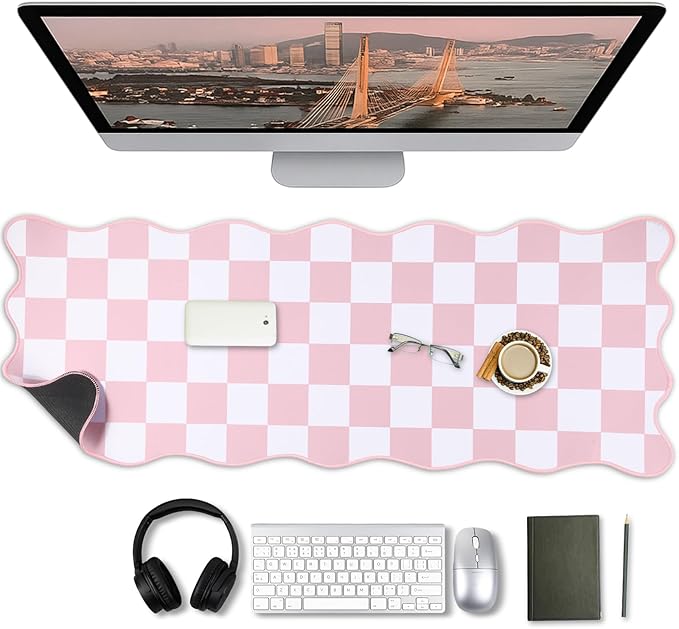 Copkim 1 Pcs Pink Scalloped Checkered Desk Mat 31.5 x 11.8 Inch Large Cute Mouse Pad Computer Mat Non Slip Waterproof Rubber Base with Border Stitching Soft Keyboard Pad for Home Office Gaming Makeup
