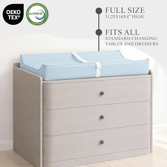 Vegan Leather Contoured Baby Changing Pad | Waterproof & Wipe-Clean PU Leather Diaper Change Mat, Soft, Wipeable Cover, Safety Strap, Non-Slip Bottom, Topper for Standard Infant Diaper Table & Dresser