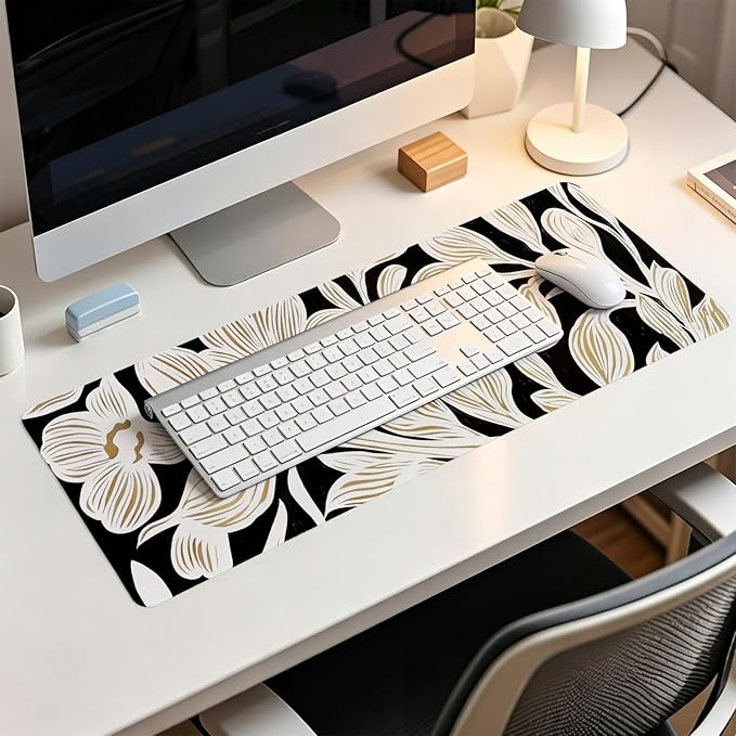 Black Beige Floral Mouse Pad,Vintage Botanical Desk Mat,Medieval Aesthetic Neutral Flower Large Mousepad for Home Office Dorm Desktop Decor,31.5x11.8 Inch