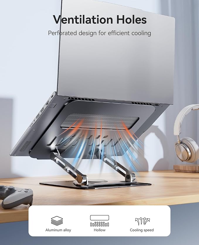 ORICO Adjustable Laptop Stand for Desk, 360° Rotating Base, Foldable Aluminum Alloy Computer Stand with Ventilated Design, Compatible with MacBook Neo/Air/Pro, Dell, XPS, HP up to 17'' - ST12, Gray