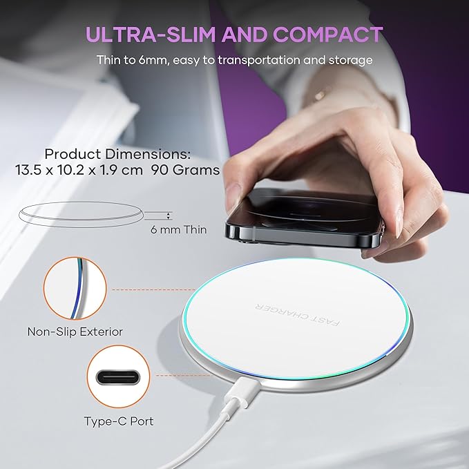 Wireless Charger 15W Max Fast Charging Pad Compatible with iPhone 17 16 15 14 13 12 11 Pro Max/Mini/Plus/XR/X/8, Samsung Galaxy S23/S22/S21/S20/S10, Galaxy Buds