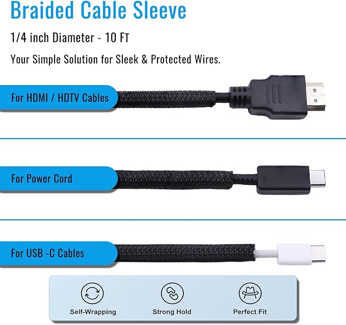 1/4" Braided Cable Sleeve - 10Ft Cat Cord Protector Split Wire Loom Tubing Flexible Self Wrapping for USB, Audio, Automotive Cord, Dog Chew Proof Cable Protector - Black