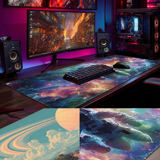 AQQA Double-Sided Extra Large Gaming Mouse Pad, Astronaut and Nebula Art Desk Mat, Smooth Surface, Non-Slip Rubber Base, Waterproof & Durable Stitched Edges for Office and Gaming,31.5”x15.7”