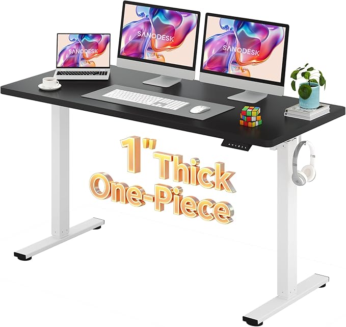 SANODESK Electric Standing Desk 60 x 24 Inches Whole-Piece Desktop Height Adjustable Stand Up Desk w/6-Button Controller Ergonomic Computer Desk for Home Office, White Frame + Black Tabletop