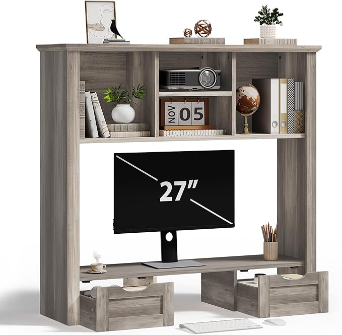Desk Shelf with Computer Monitor Stand, 37.4''W Desktop Bookshelf Display Rack, Desktop Organizer Storage Rack with Cubbies & Drawers, 5-Tier Hutch for Home, Office, Dorm, Vanity, Grey