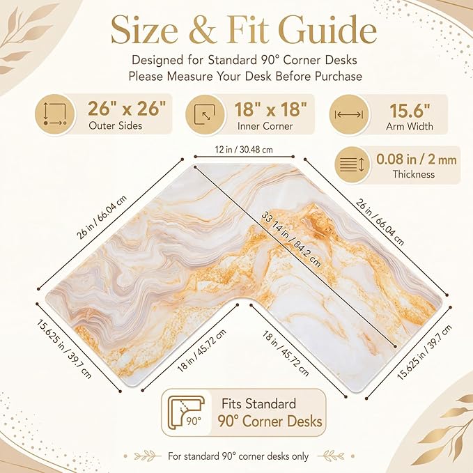 Relaxweex L Shaped Desk Mat for 90° Corner Desks, 26" x 26" Gold Waterproof Mouse Pad with 18" Inner Corner, Non-Slip Rubber Desk Protector for Office & Gaming