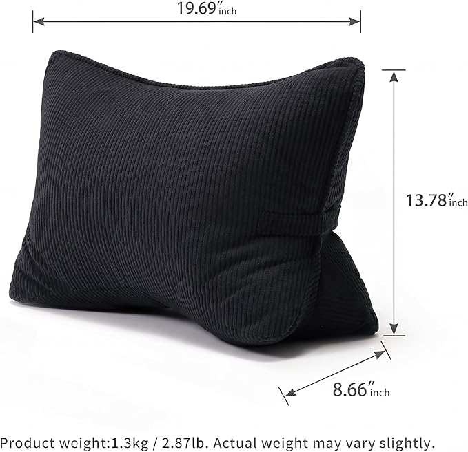 Pat. Pend. Corduroy Lumbar Support Back Pillow for Sitting, Back Cushion for Sofa or Bed Sitting, Gaming, Reading & Watching TV, Ergonomic Triangle Backrest Pillow, Lamp Black