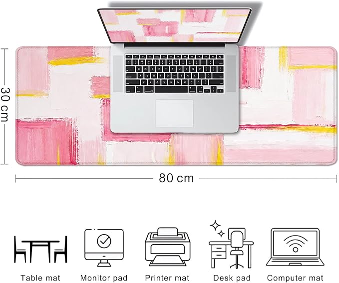 Pink and Gold Large Mousepad for Laptop, Abstract Art Desk Mat, Modern Pink and White Desk Pads, Non-Slip Rubber Base Desktop Mat, Computer Mouse Pad, 31.5 x 11.8 inch