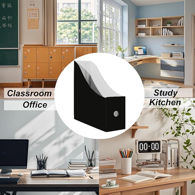 Limitliho 12 Pack Black Cardboard Magazine File Holder for Desktop, Book Bins for Classroom Library, Office or Home, Vertical Paper Boxes for Storage with Label(10.6" H x 10.2" L x 3.5" W in)