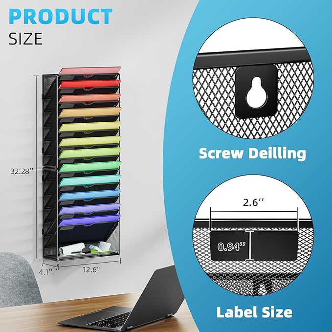 Marbrasse Wall File Holder 13-Tier Hanging Wall File Organizer, for Papers, Files Clipboard & Magazine Organizer, Wall Mount File Holder Great for Office Home (Black)