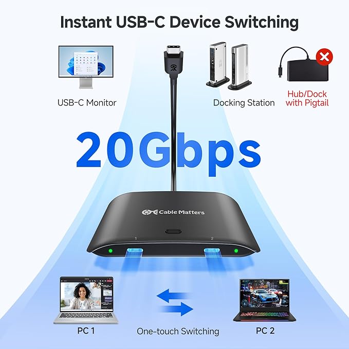Cable Matters 20Gbps USB C KVM Switch for 2 Computers, Up to 8K@30Hz on Windows, 4K@60Hz on macOS, 140W PD, for Sharing a USB-C/Thunderbolt 4 Monitor or Dock (Not Work with Captive Cable Docks), Black