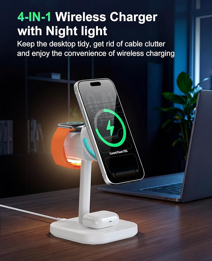 2026 New 25W Qi2.2 4-in-1 Charging Station with TEC Active Cooling and Night Light,Magnetic Fast Wireless Charger Stand for MagSafe Charger,iPhone17/16/15/14/13/12,Apple Watch,AirPods|Adapter Included
