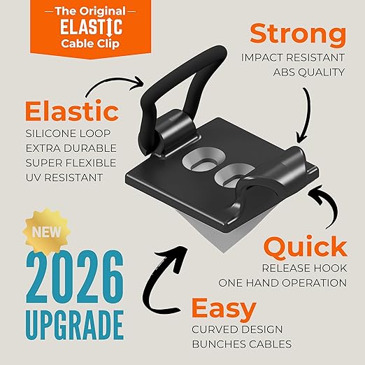 [Made in the UK] 10-Pack Adjustable Elastic Self-Adhesive Cable Tidy Clips, Cable Management Organiser for Office, Home, Under Desk, Behind TV, Charging Phone, Laptop, PC, HDMI, USB (BLACK)